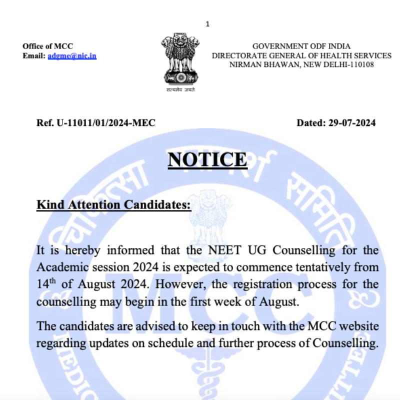 MCC NEET UG 2024 Counselling Dates (Out); Registration begins on Aug 14 at mcc.nic.in