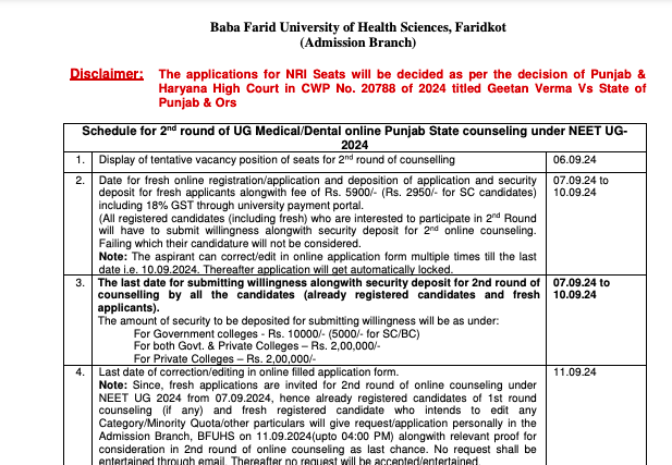 Punjab NEET UG 2024 Round 2 Counselling Registration Started