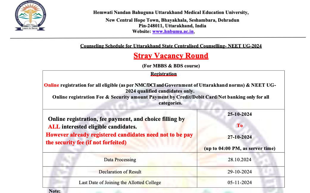 Uttarakhand NEET UG 2024 Stray Round Counselling Registration Begins