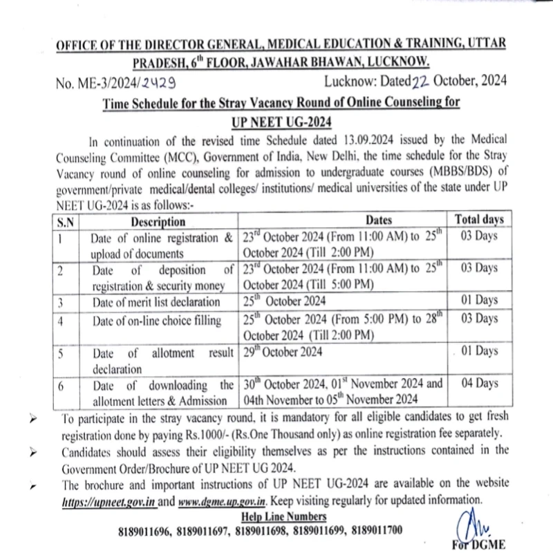 UP NEET UG 2024 Stray Vacancy Round Counselling Registration Begins on 23 Oct