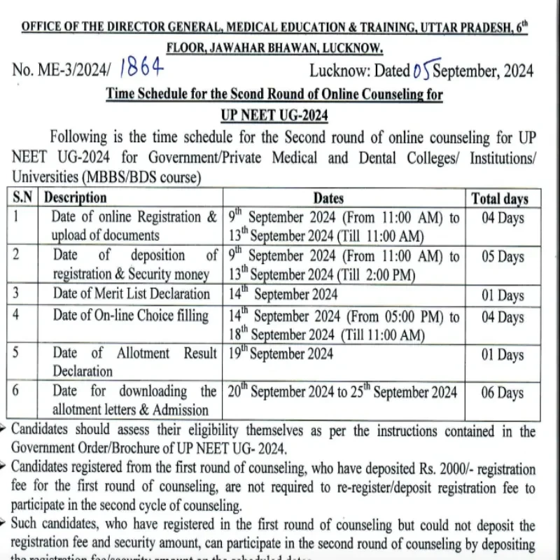 UP NEET UG Round 2 Counselling Dates Out; Registration Begins on Sept 9