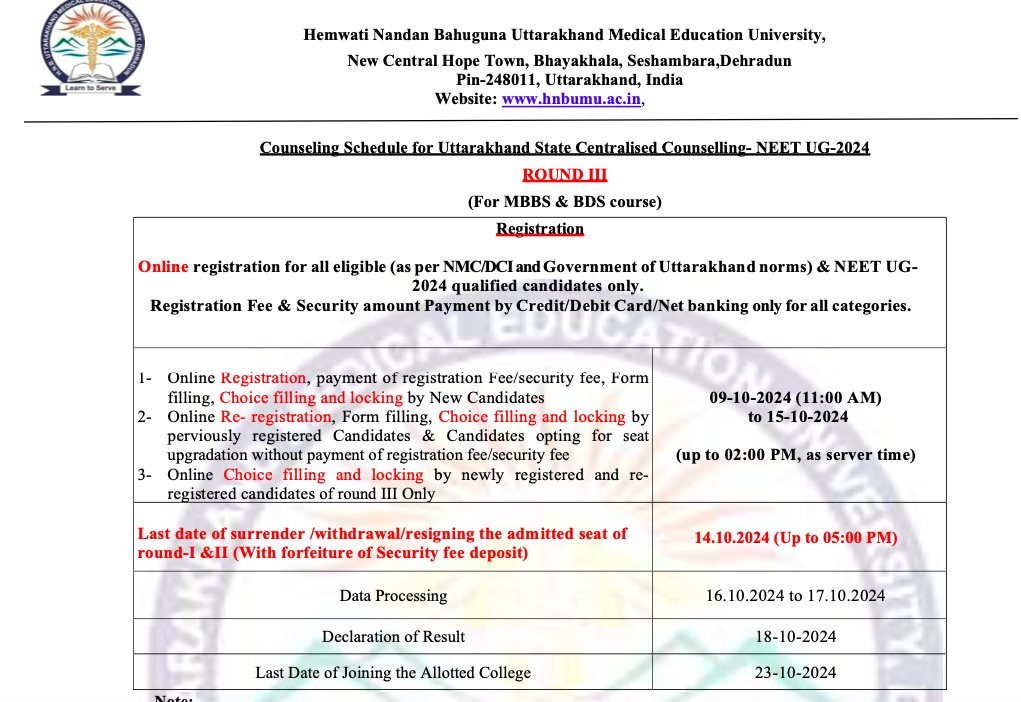 Uttarakhand NEET UG 2024 Round 3 Counselling Registration Begins