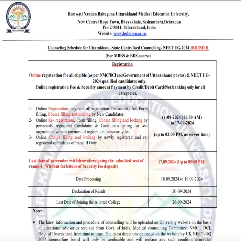 Uttarakhand NEET UG Round 2 Counselling Registration Begins