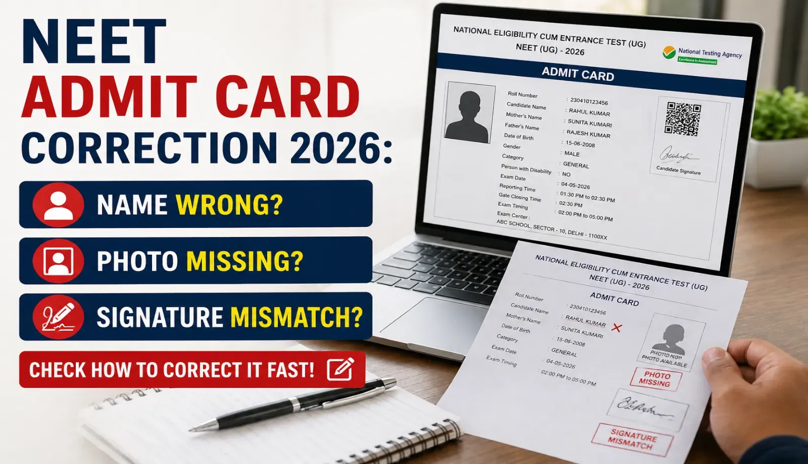 NEET 2026 Admit Card Correction: Fix Name, Photo & Signature Errors Fast