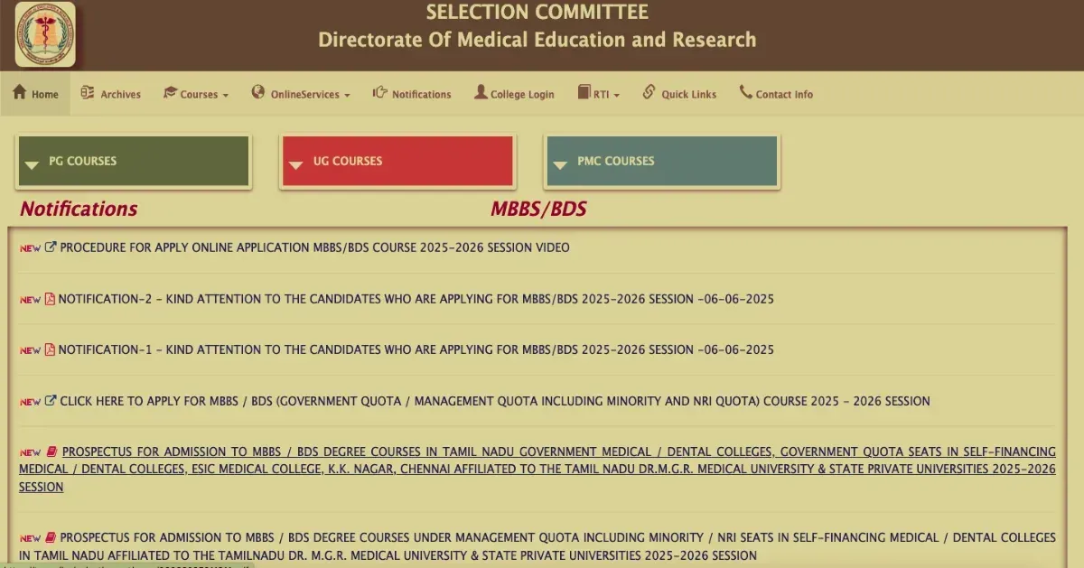 Registration Begins for Tamil Nadu MBBS & BDS Admission 2025 Through NEET UG