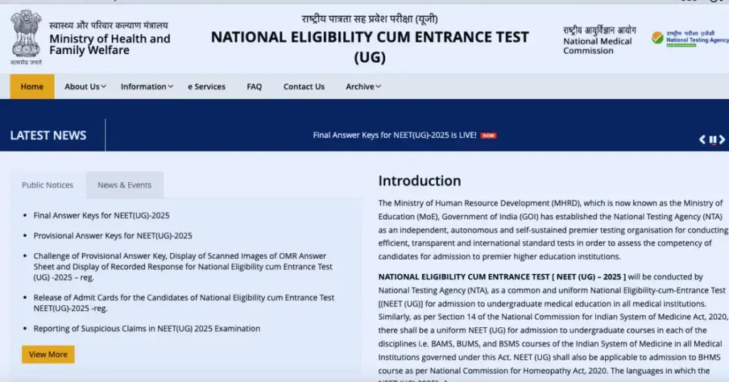 NEET UG 2025 Final Answer Key Out at neet.nta.nic.in; Download Now