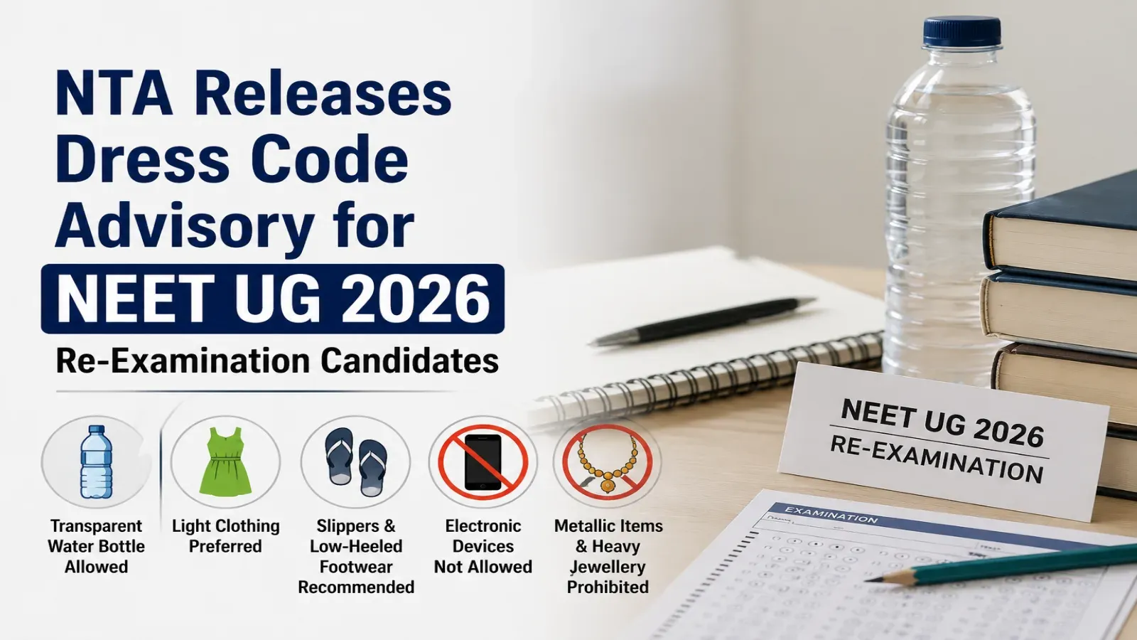 NTA has issued the NEET UG 2026 Re-Examination dress code and permissible items advisory.