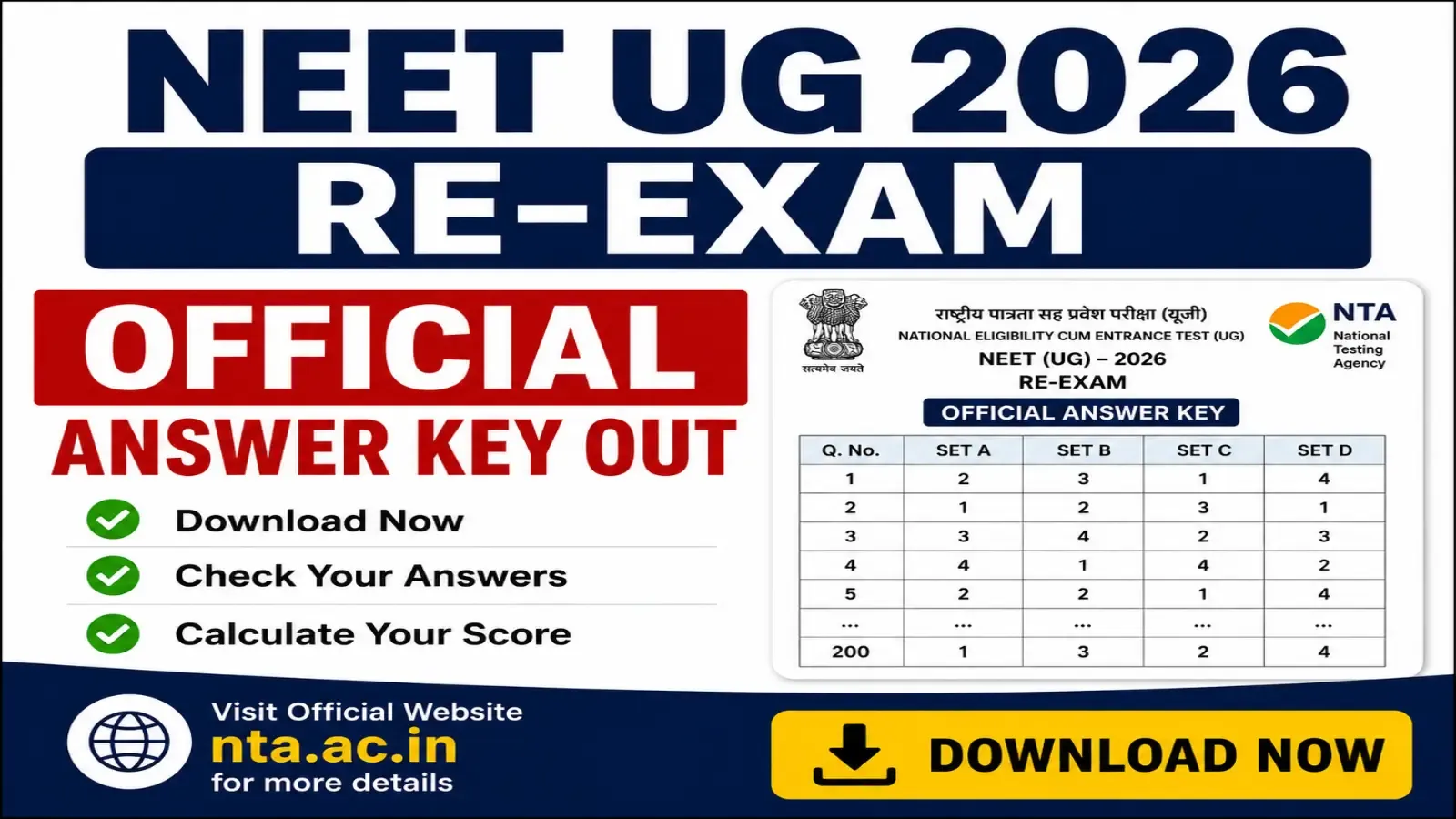 NEET UG 2026 Re-Exam Official Answer Key Out