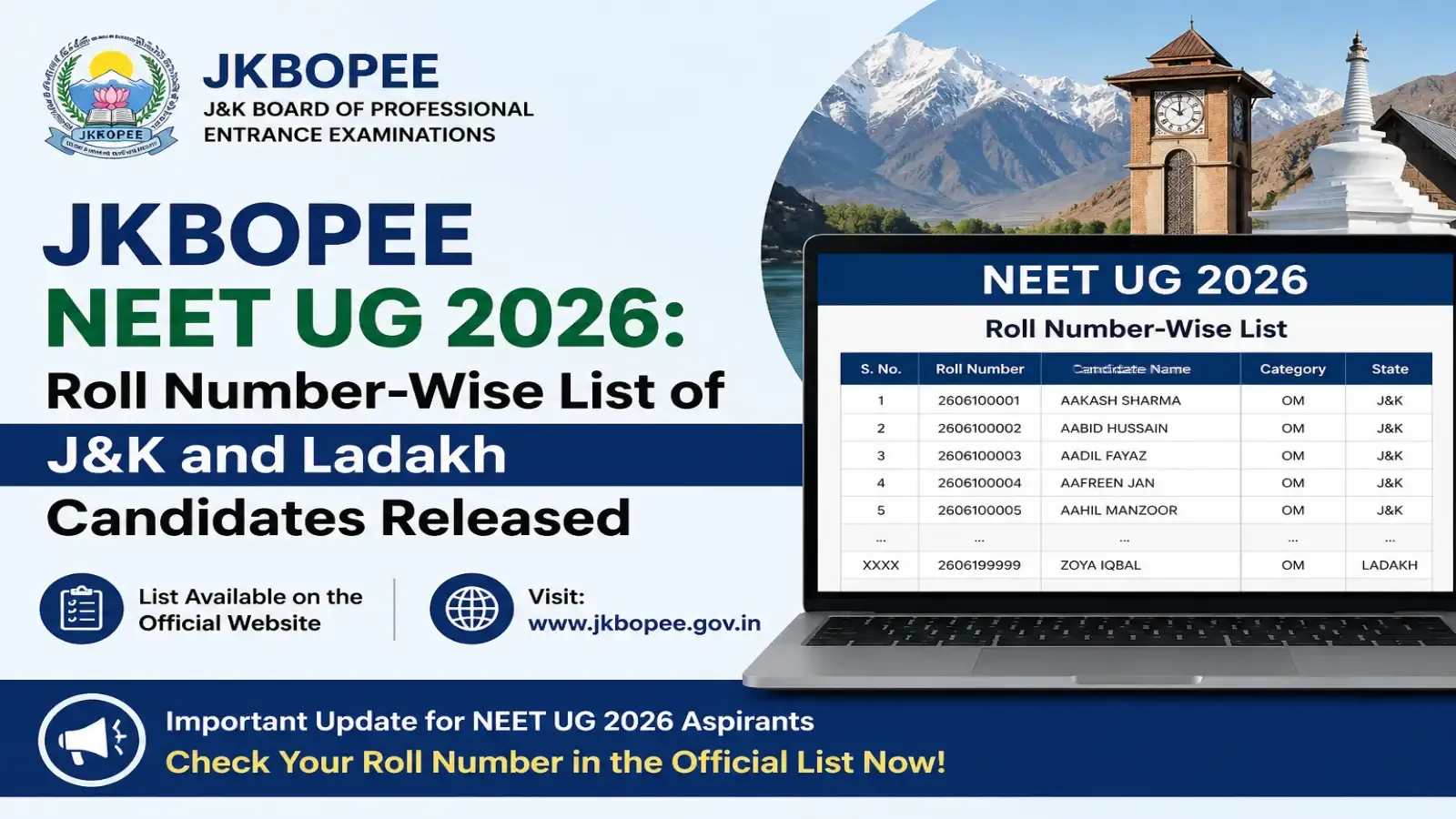 Students Can Check JKBOPEE NEET UG 2026 Roll Number-wise List for J&K/Ladakh Candidates