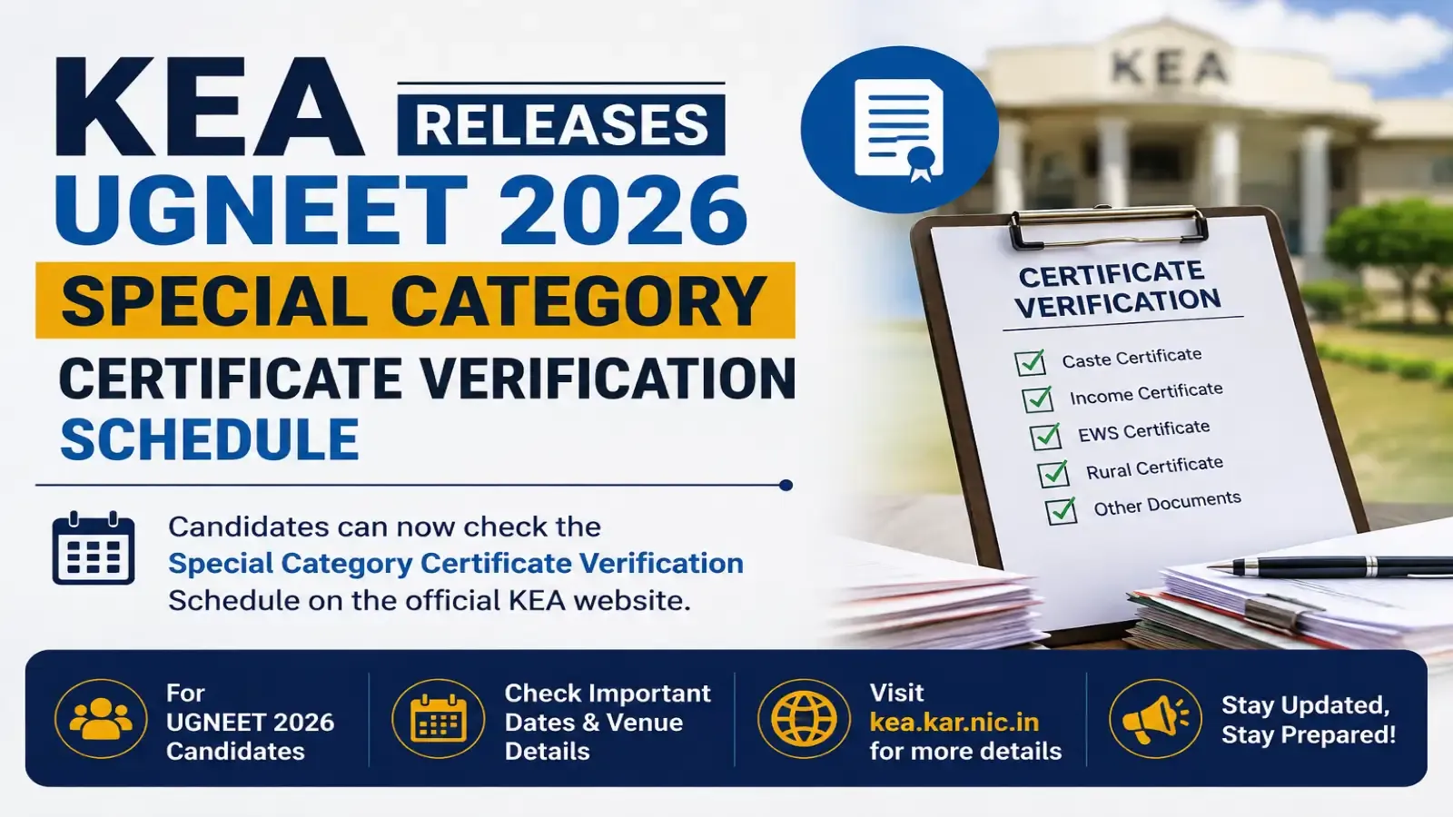 KEA Releases UGNEET 2026 Special Category Certificate Verification Schedule
