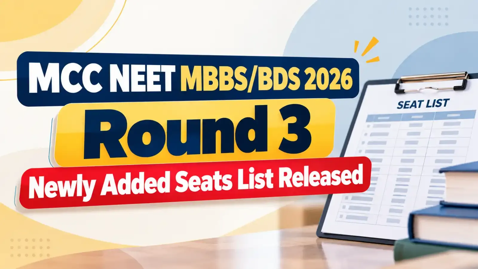 MCC NEET MBBS/BDS 2026 Round 3 Newly Added Seats List has been released. Candidates can check the newly added MBBS and BDS seats and review the updated seat details before Round 3 counselling.