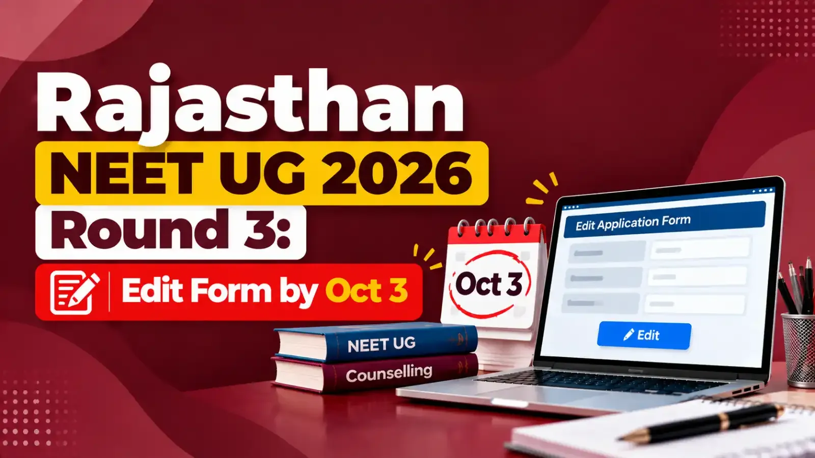 Rajasthan NEET UG 2026 Round 3: Edit Form by Oct 3 - Candidates can edit their application details through the official counselling portal until October 3, 2026.