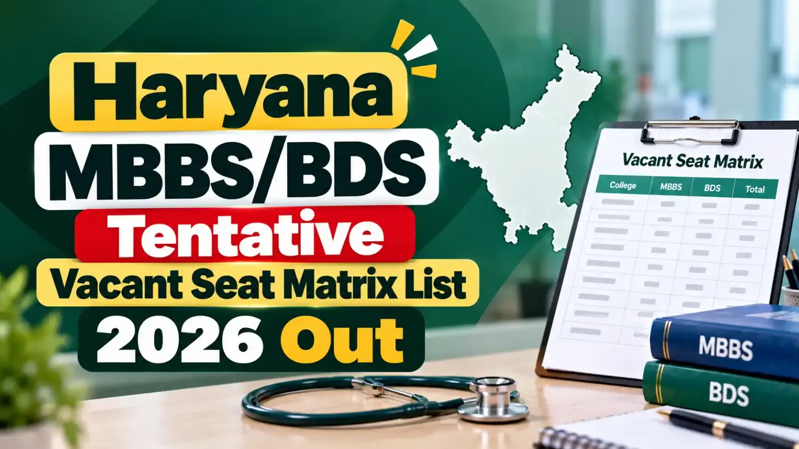 Haryana MBBS/BDS Tentative Vacant Seat Matrix List 2026 Out: Candidates can now check the tentative college-wise and course-wise vacant seat details for MBBS and BDS admissions.