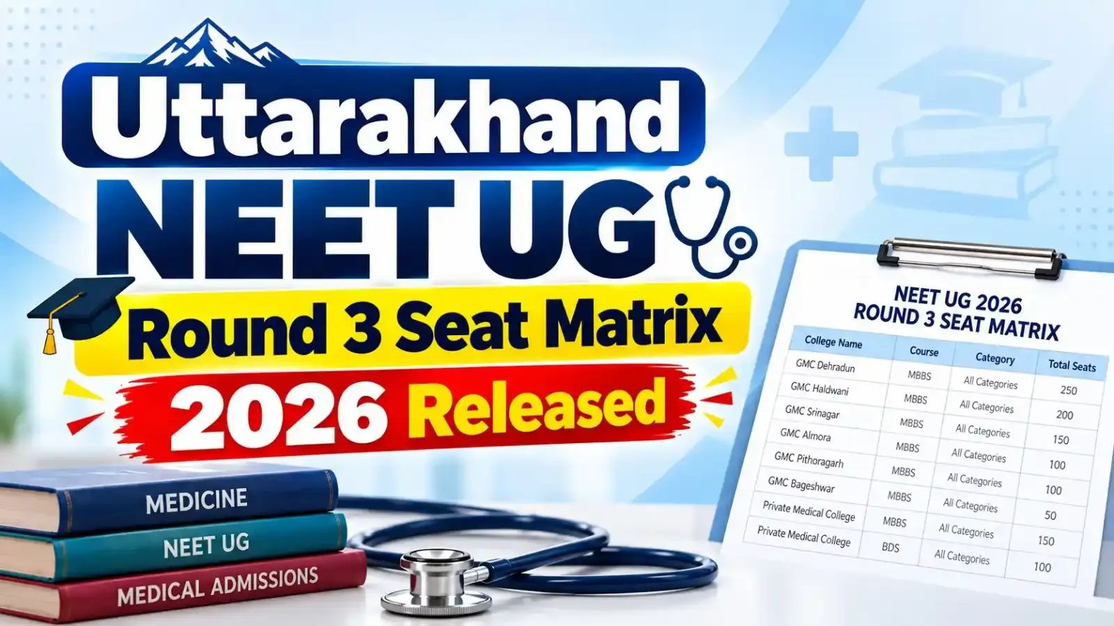 Uttarakhand NEET UG Round 3 Seat Matrix 2026 has been released, providing candidates with details of available MBBS and BDS seats across participating medical and dental colleges.