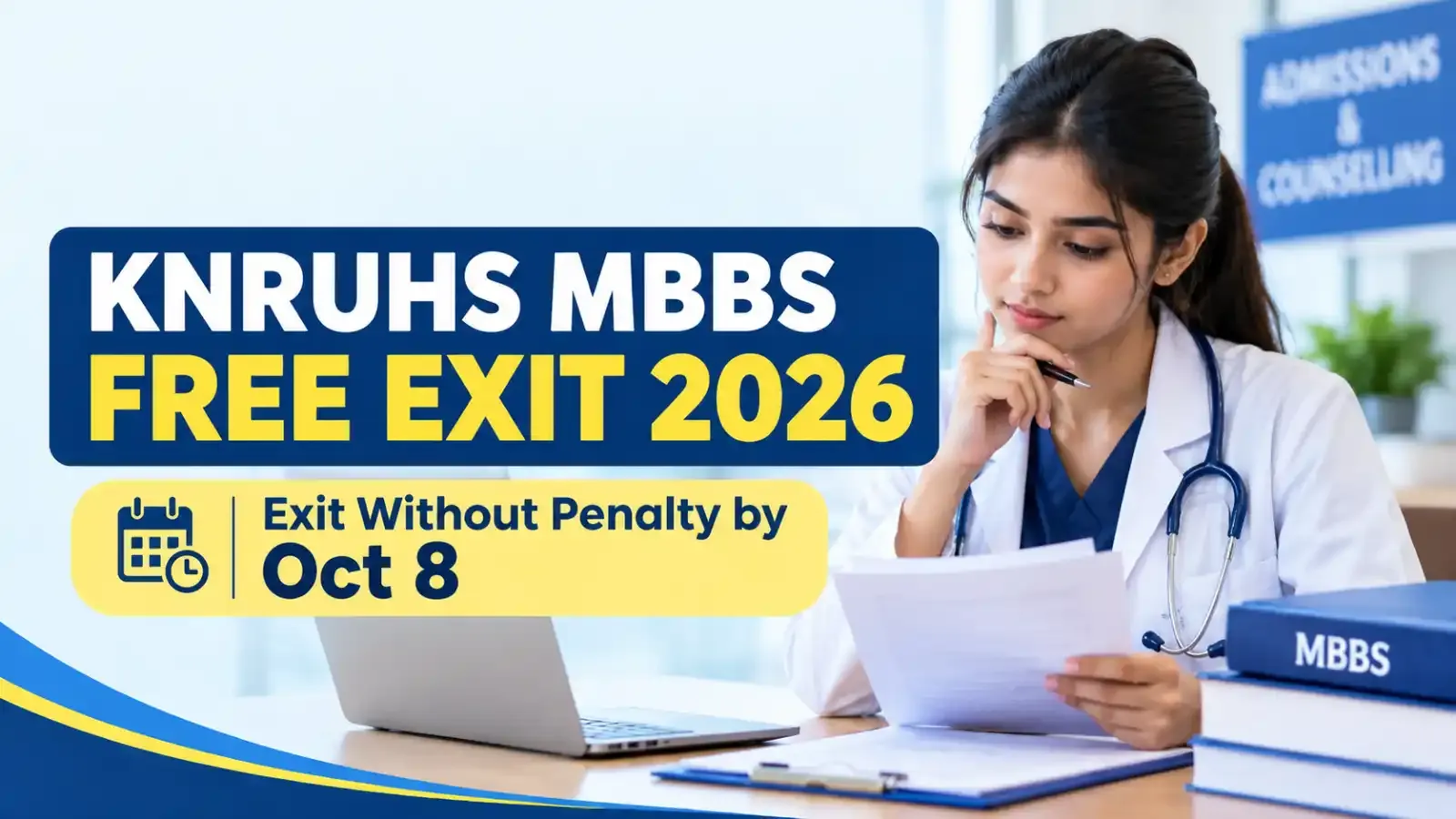 Caption: KNRUHS MBBS Free Exit 2026 allows eligible candidates to discontinue their MBBS course without penalty by October 8, 2026, at 2 PM.
