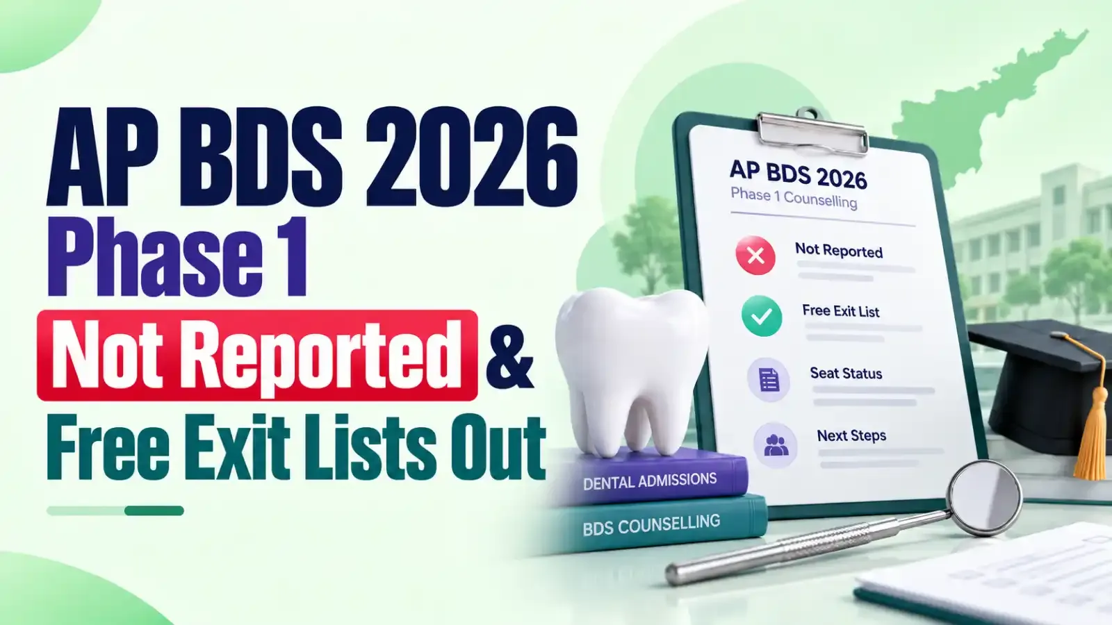 AP BDS 2026 Phase 1 Not Reported and Free Exit Lists have been released, allowing candidates to check the respective candidate lists after Phase 1 counselling.