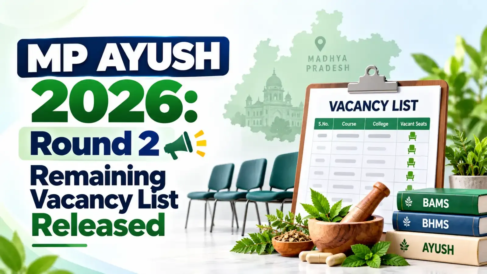 MP AYUSH 2026 Round 2 Remaining Vacancy List has been released, providing candidates with details of available BAMS, BHMS, and BUMS seats for the second round of counselling.