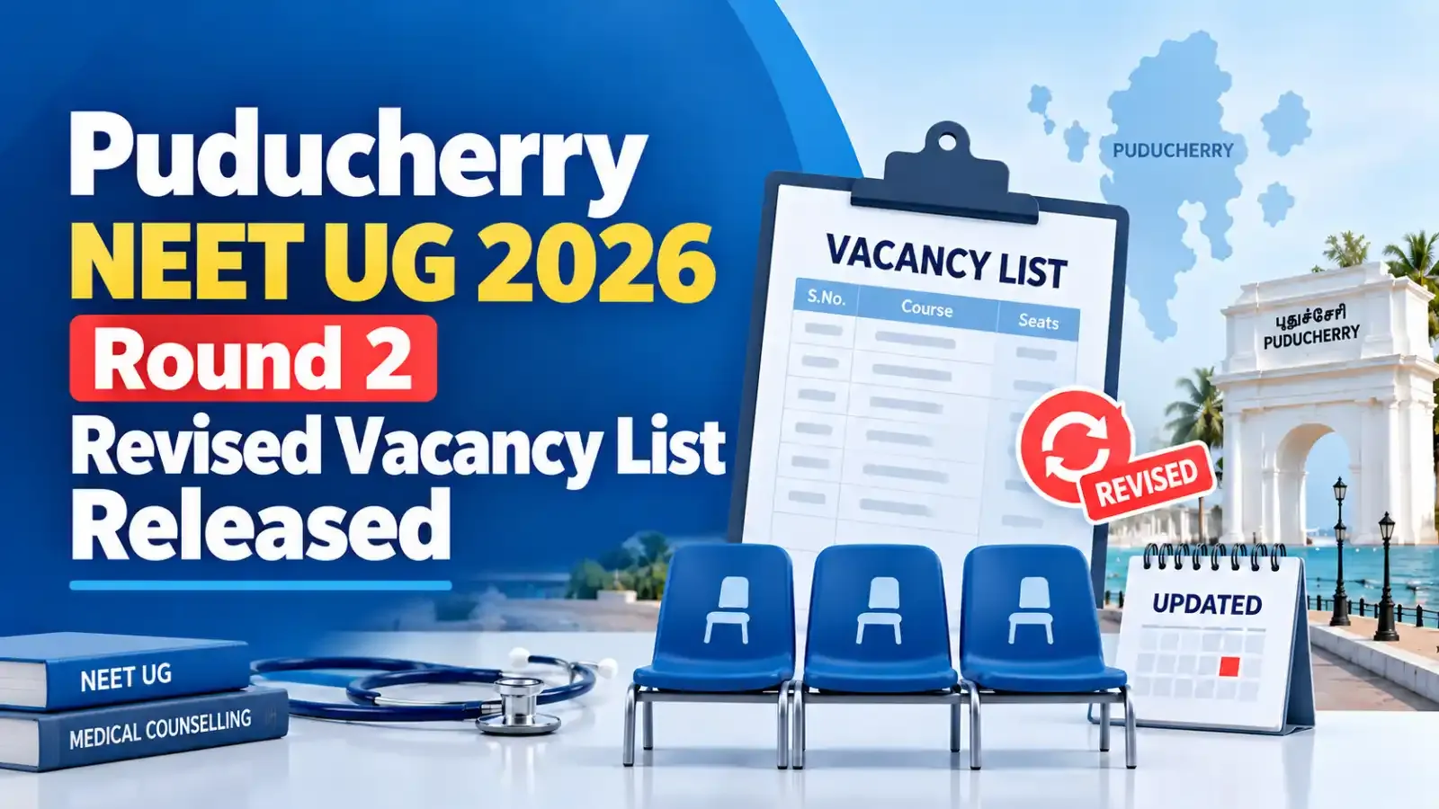 Puducherry NEET UG 2026 Round 2 Revised Vacancy List has been released, allowing candidates to check the updated seat availability for MBBS and BDS courses.