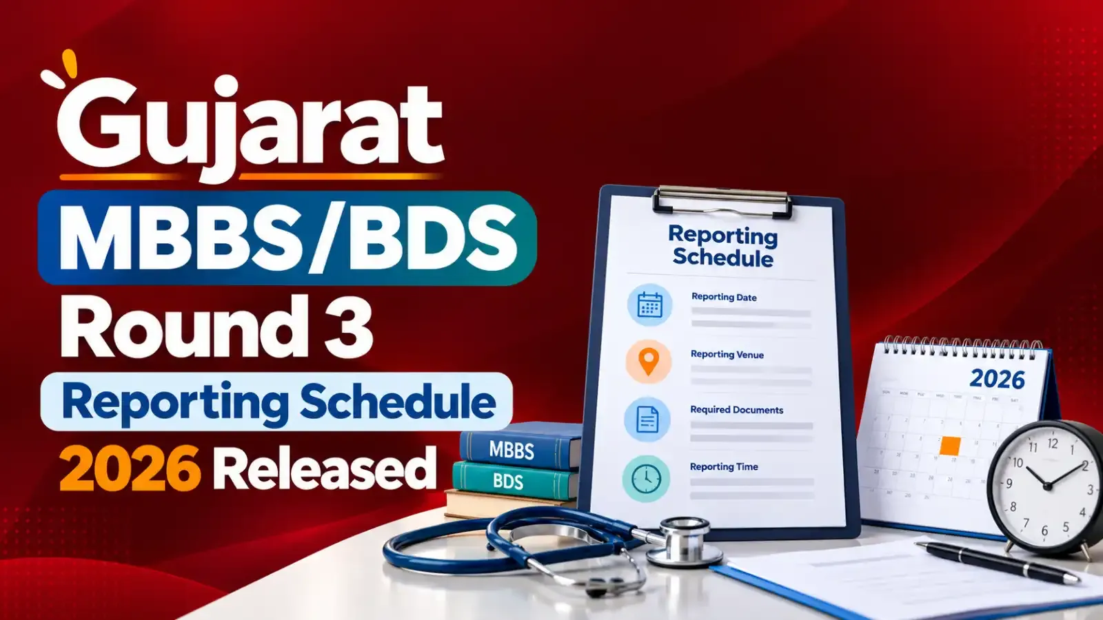 Caption: Gujarat MBBS/BDS Round 3 Reporting Schedule 2026 has been released, and candidates should check the schedule carefully to complete reporting within the given timeline.