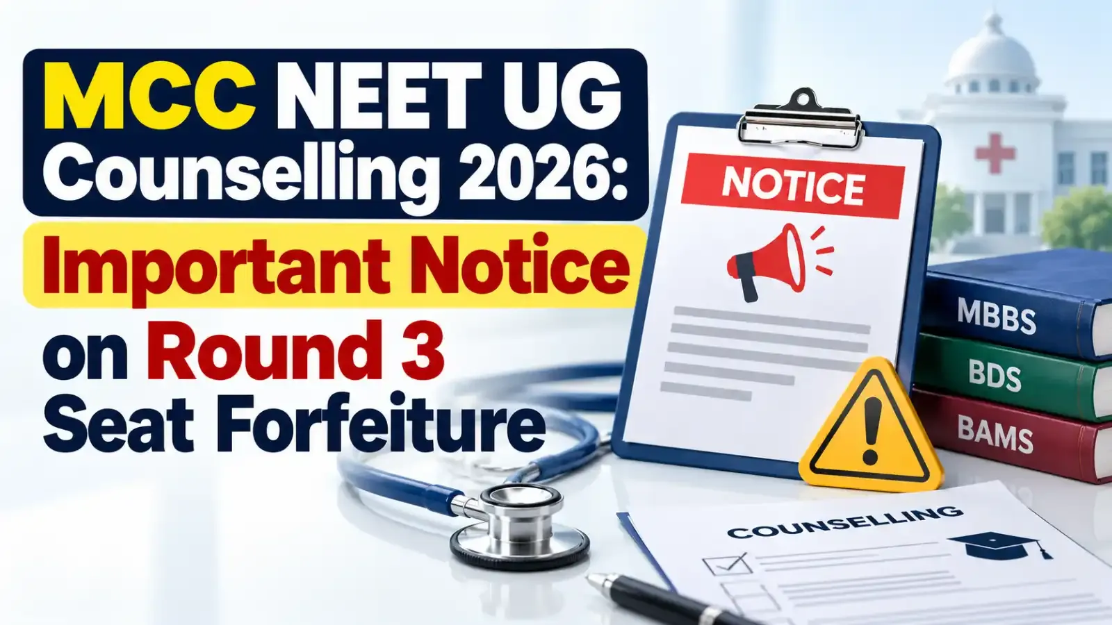 MCC NEET UG Counselling 2026: Important Round 3 Seat Forfeiture Notice Released! Candidates who failed to report by the deadline can no longer claim their allotted seats.