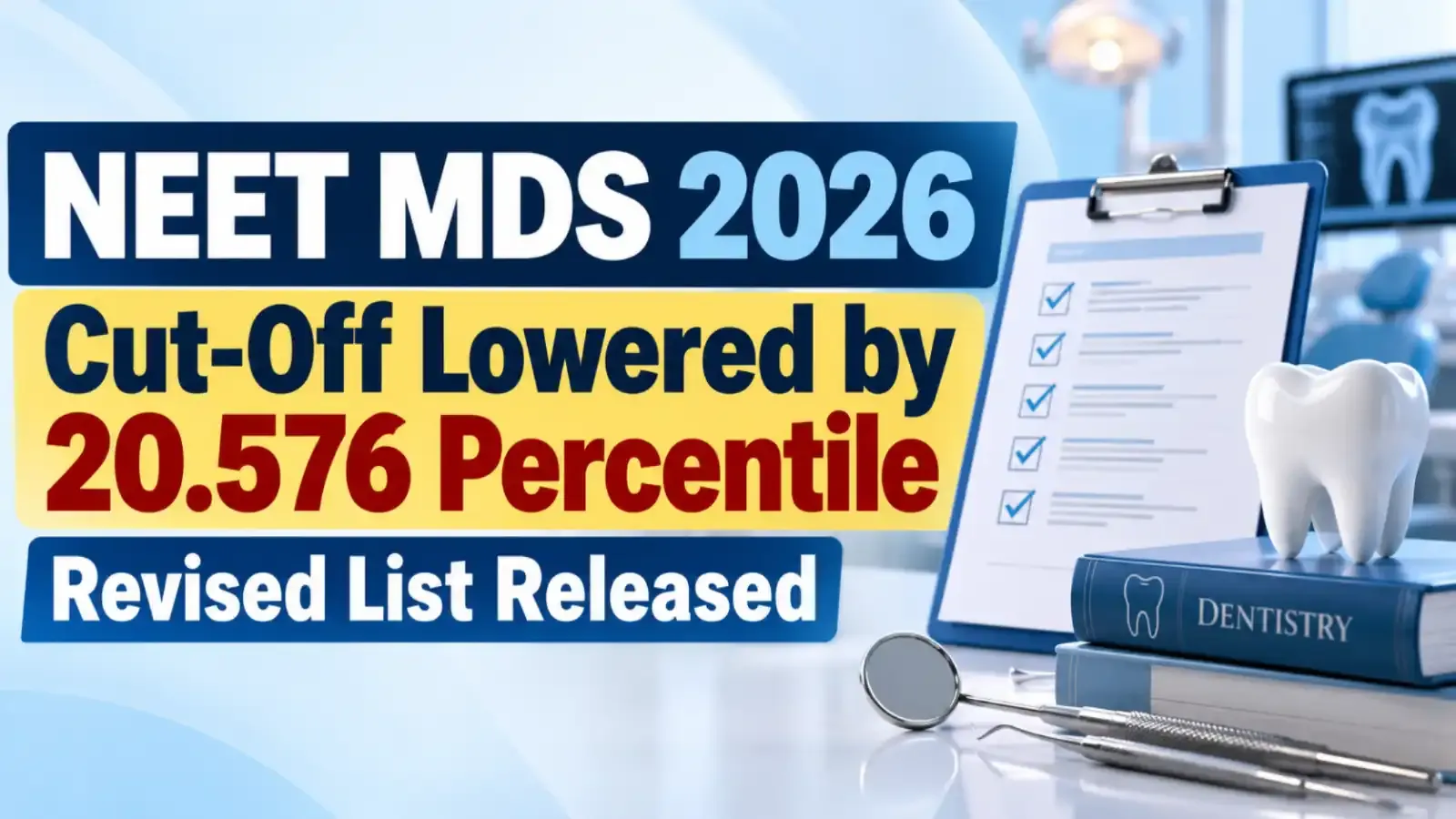 NEET MDS 2026 Cut-Off Lowered by 20.576 Percentile: Revised qualifying criteria and updated cut-off list released for MDS admissions.