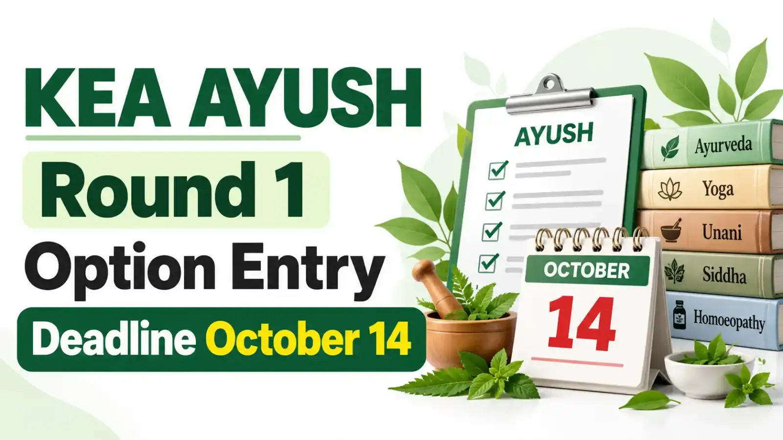 KEA AYUSH Round 1 Option Entry 2026 Deadline October 14: Candidates must complete their option entry before the last date to participate in Round 1 AYUSH counselling.