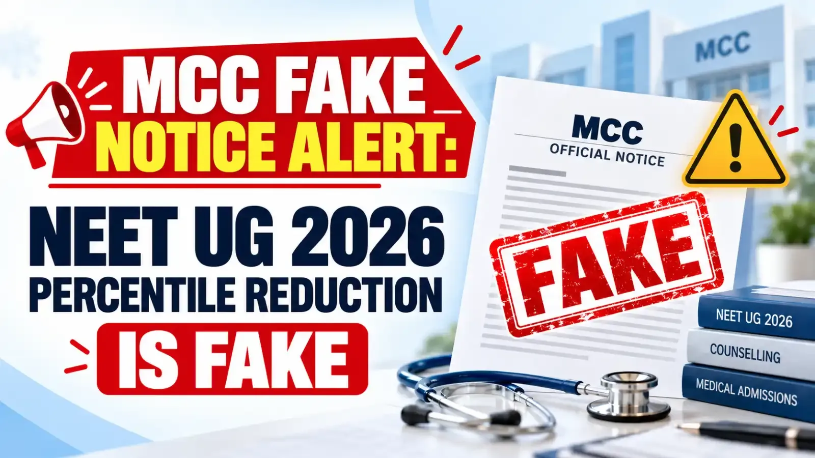 MCC Fake Notice Alert: The viral claim about NEET UG 2026 percentile reduction is fake. Candidates should trust only official MCC notices for verified updates.