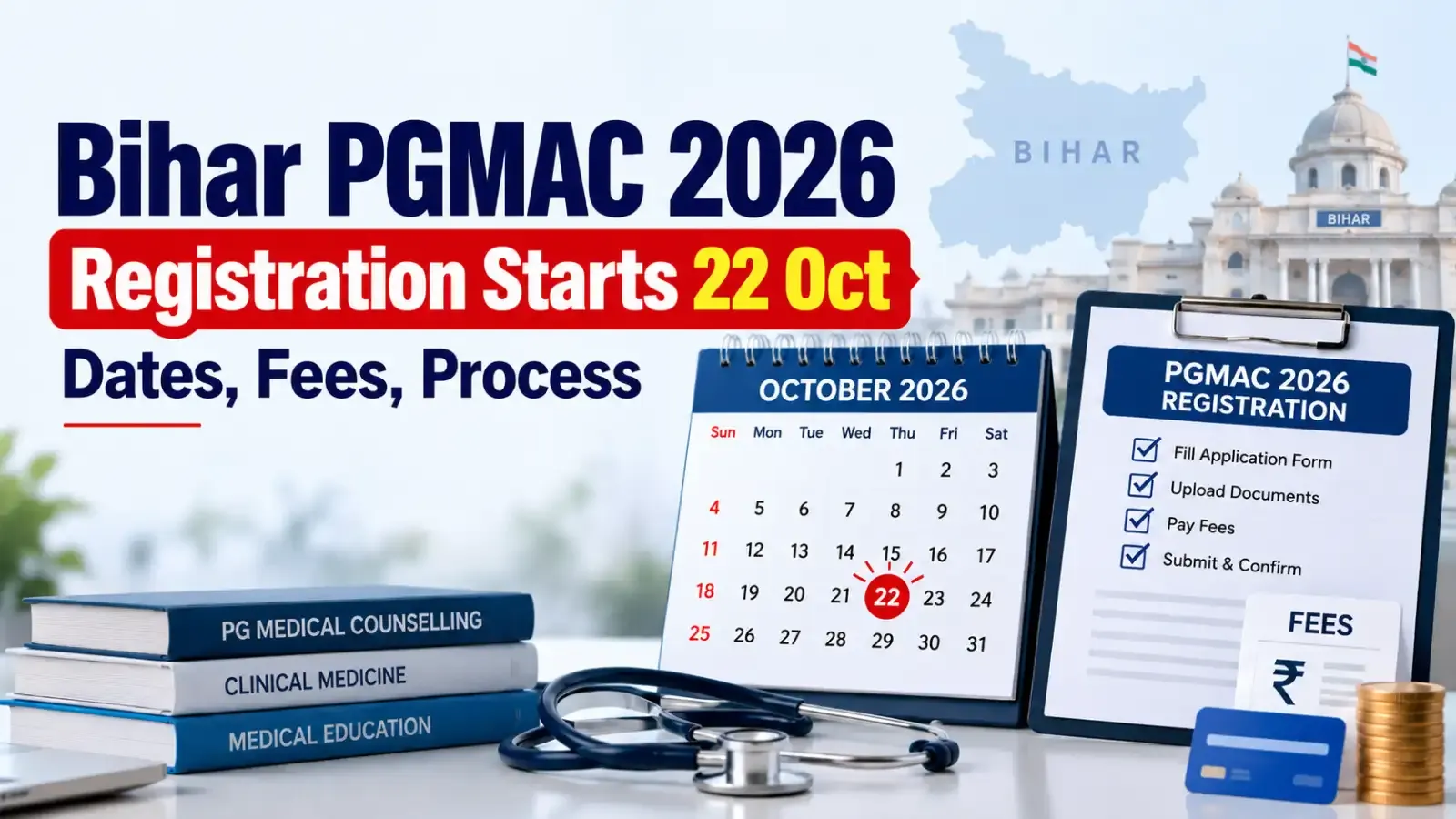 Bihar PGMAC 2026 registration starts from 22 October, bringing important updates on counselling dates, application fees and the complete admission process for NEET PG aspirants.
