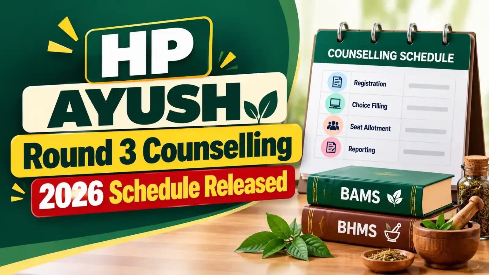 Candidates can check the registration, choice filling, seat allotment and reporting dates through the official Himachal Pradesh AYUSH counselling website.