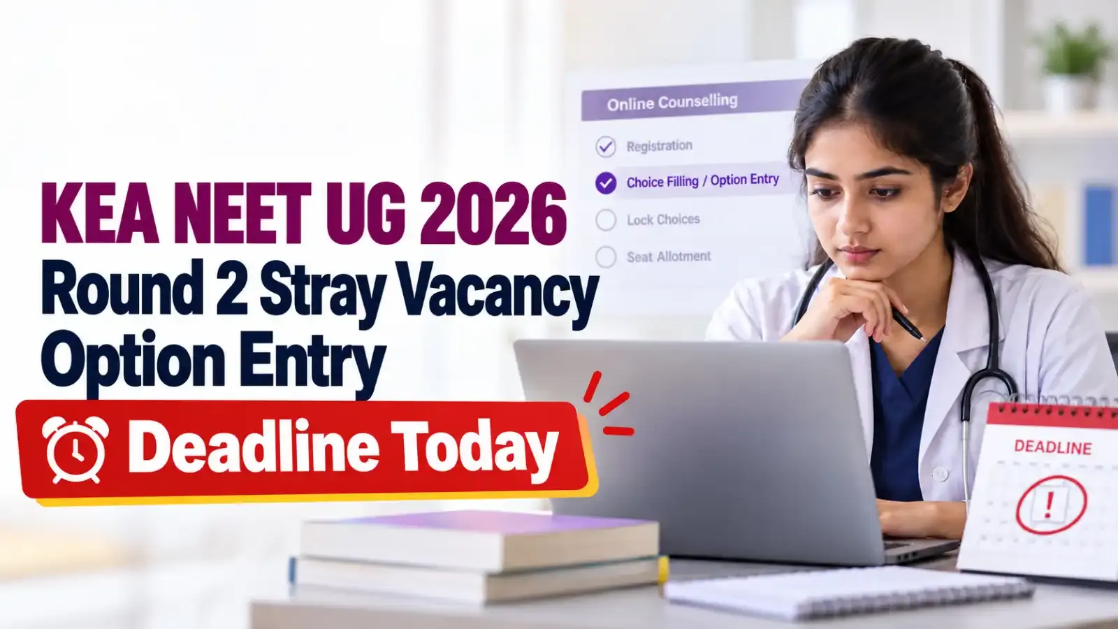 KEA NEET UG 2026 Round 2 Stray Vacancy Option Entry deadline is today! Candidates are advised to complete and submit their choices before the deadline to avoid missing this counselling opportunity.