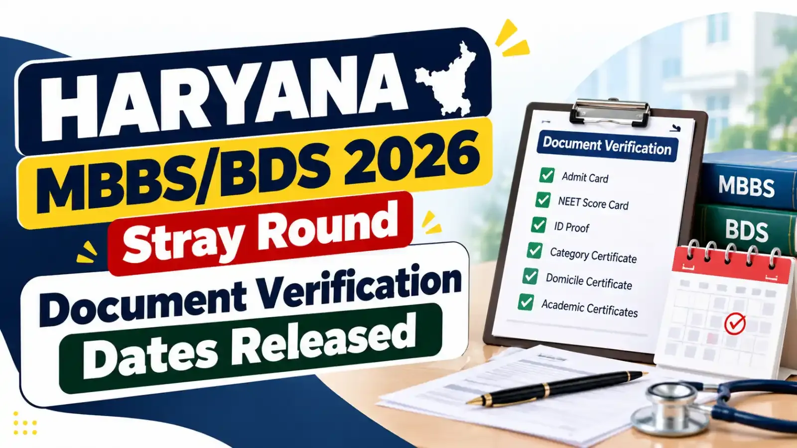 Haryana MBBS/BDS 2026 Stray Round document verification dates have been released. Candidates should check the official schedule and complete the verification process within the prescribed dates.