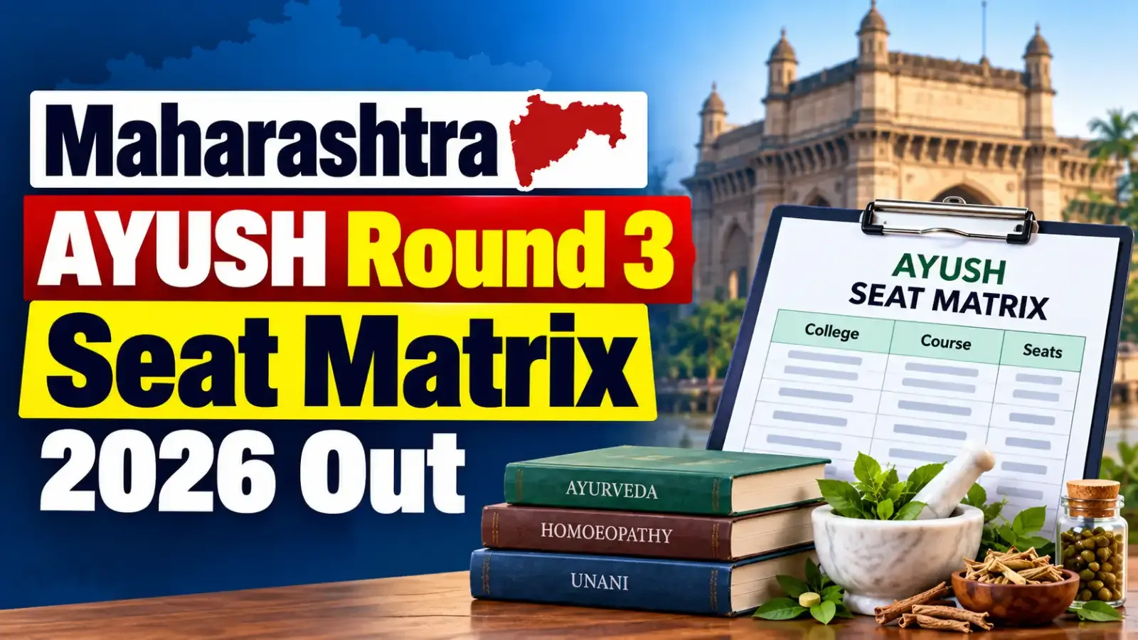 Maharashtra AYUSH Round 3 Seat Matrix 2026 has been released. Candidates can check college-wise and category-wise seat availability for BAMS, BHMS and BUMS courses, including State Quota and AIQ seats.