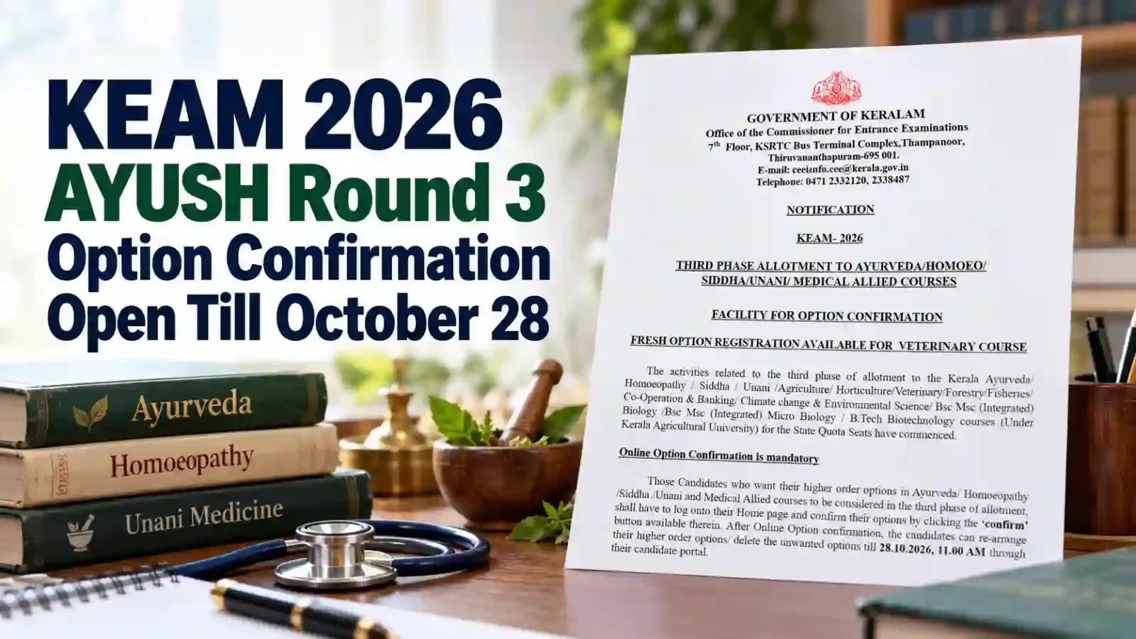 KEAM 2026 AYUSH Round 3 option confirmation is open until October 28. Eligible candidates can confirm their choices through the Kerala CEE official website.