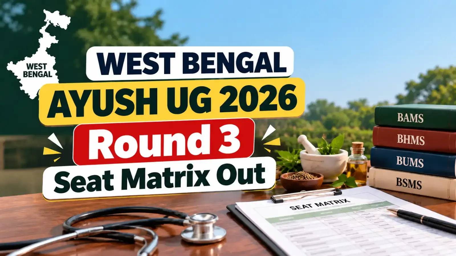 West Bengal AYUSH UG 2026 Round 3 Seat Matrix Out: Candidates can now check the updated college-wise and course-wise seat availability for BAMS, BHMS, BUMS and other AYUSH admissions in Round 3 counselling.