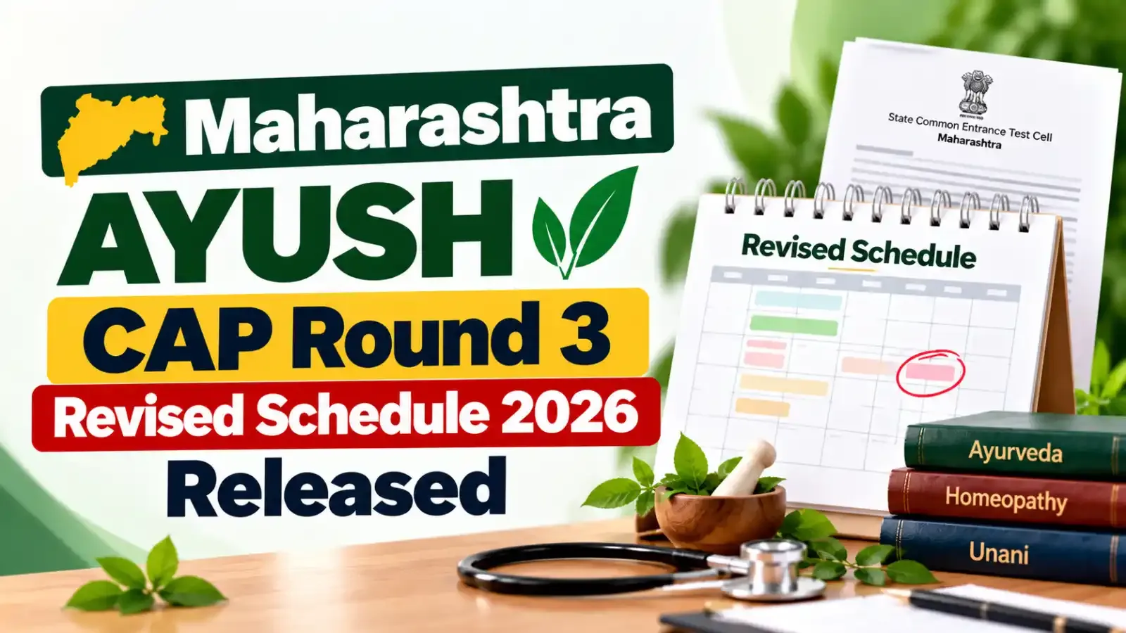 Maharashtra AYUSH CAP Round 3 Revised Schedule 2026 Released: The State CET Cell has published the updated counselling timetable for BAMS, BHMS and BUMS admissions. Candidates can check the revised dates for allotment and reporting.