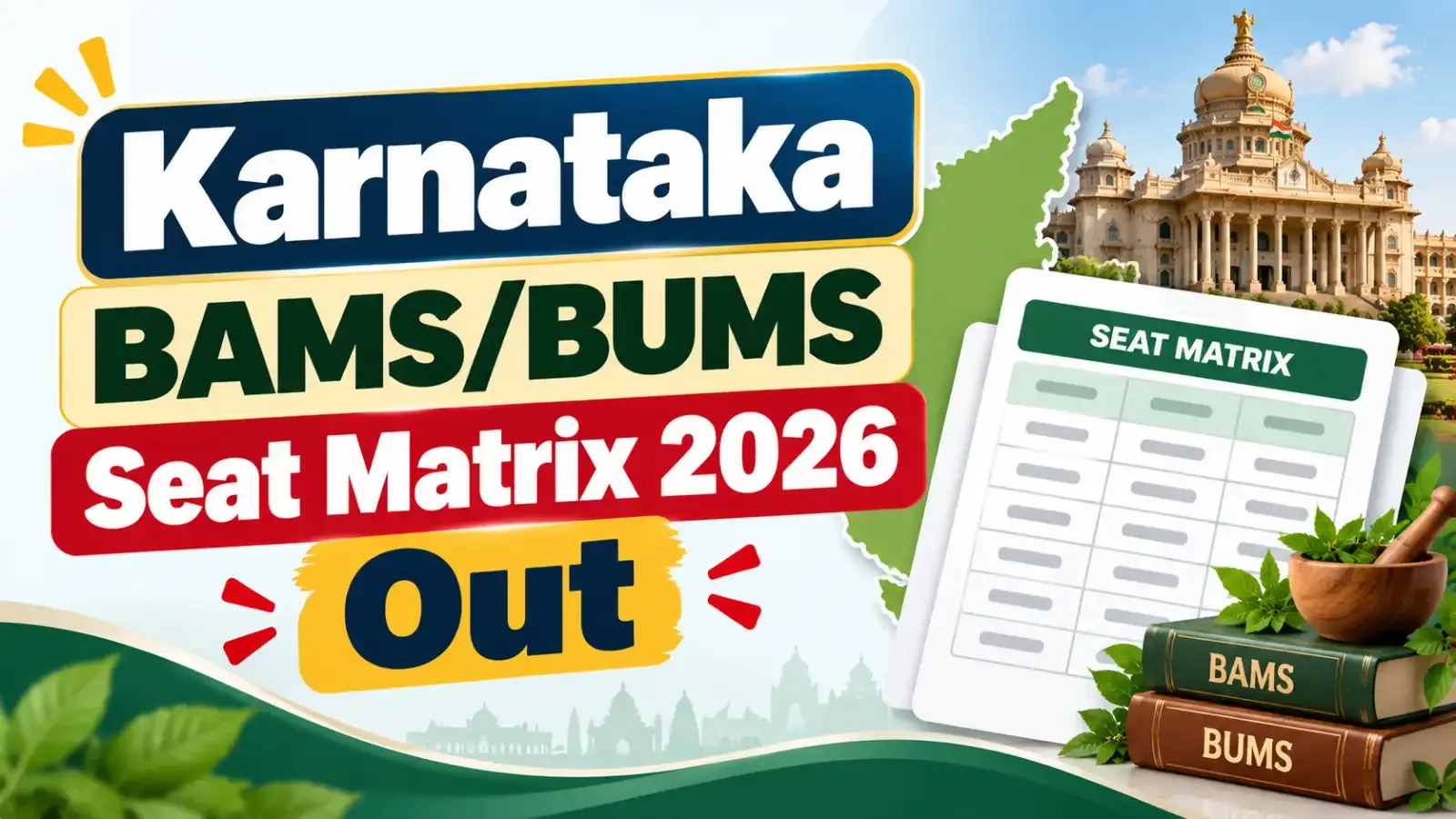 Karnataka BAMS/BUMS Seat Matrix 2026 Out. Candidates can check the college-wise and category-wise seat availability for BAMS and BUMS courses and plan their counselling choices accordingly.